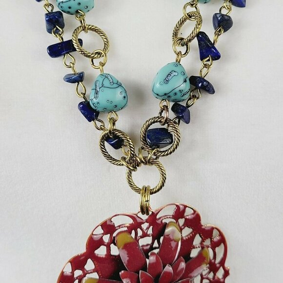 Bohemian Gypsy Style Necklace Double Strand Gold Tone Large Enamel Flower Focal - Picture 4 of 11